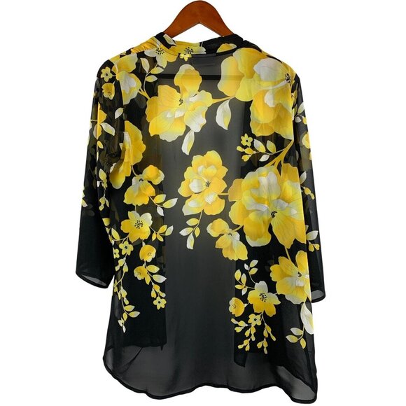 Susan Graver Sheer Floral Kimono Cardigan Jacket XS Black & Yellow - Picture 2 of 5